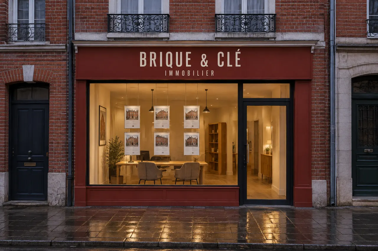 Vitrine de l’agence Brique & Clé rue Colbert à la tombée de la nuit, enseigne peinte rouge brique, annonces suspendues derrière la vitre