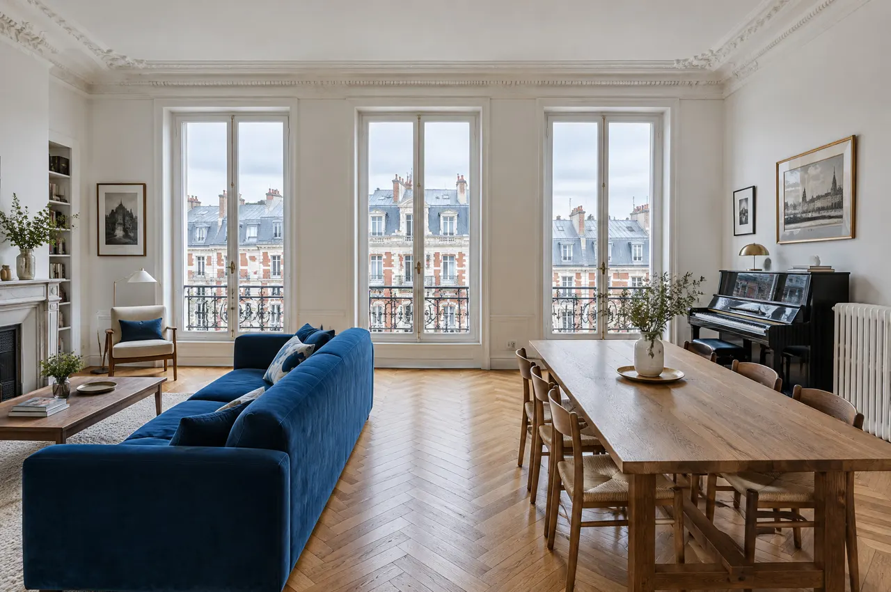 Grand séjour au parquet à bâtons rompus, trois portes-fenêtres à balconnets ouvrant sur les toits et les façades de brique