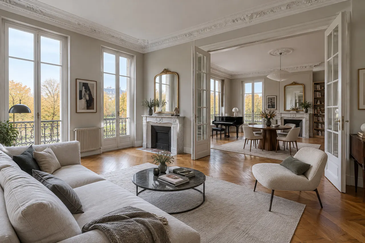 Double séjour aux plafonds hauts, deux cheminées en marbre, parquet Versailles, fenêtres ouvertes sur les arbres du jardin