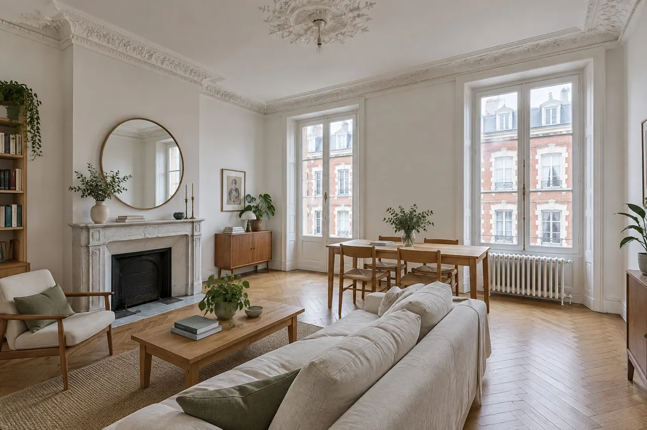 Séjour de l’appartement : parquet en point de Hongrie, cheminée en marbre blanc surmontée d’un miroir rond, deux grandes fenêtres sur les façades de brique d’en face