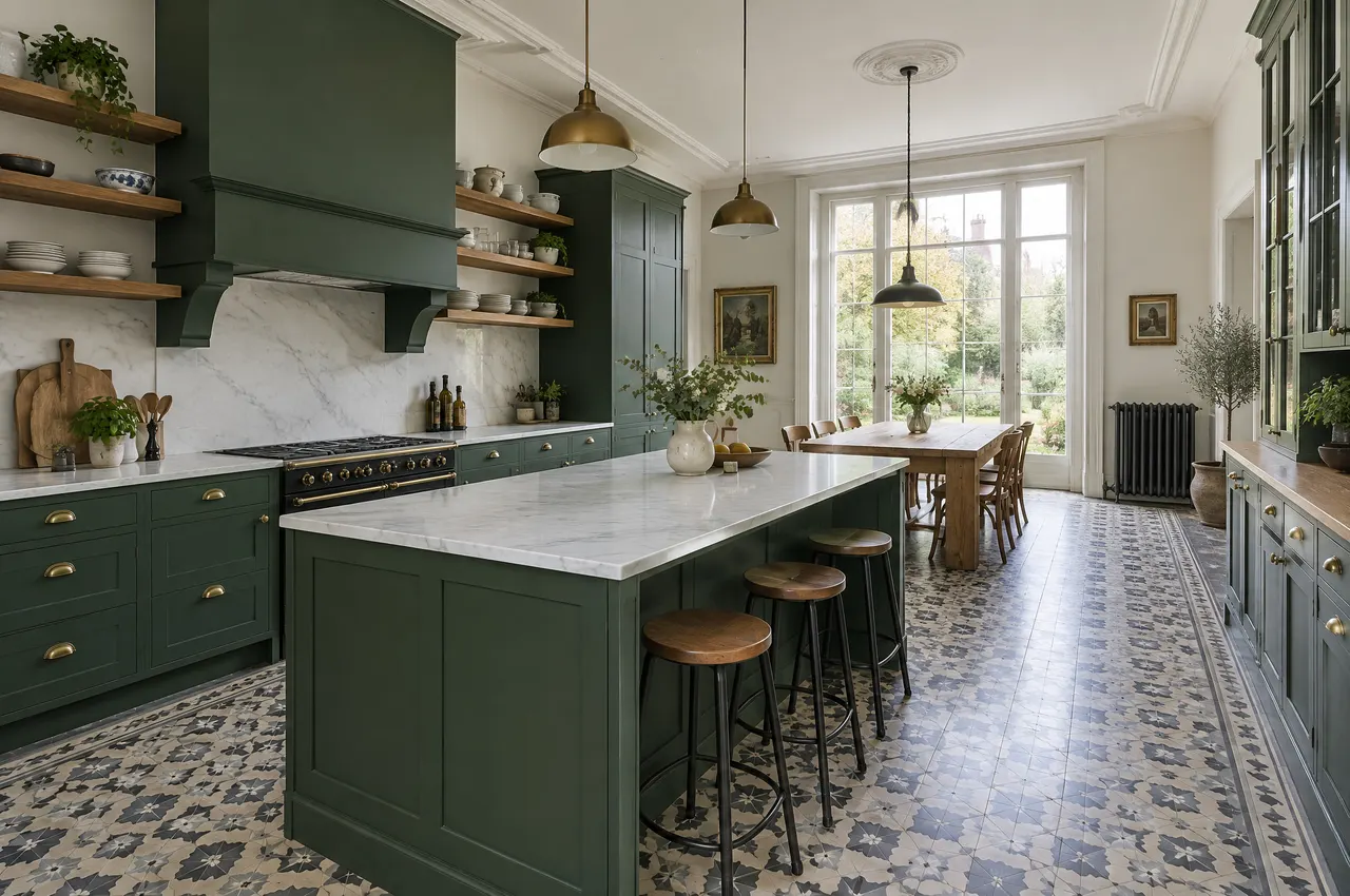 Cuisine familiale aux meubles vert foncé, îlot en marbre blanc, carreaux de ciment et porte-fenêtre sur le jardin