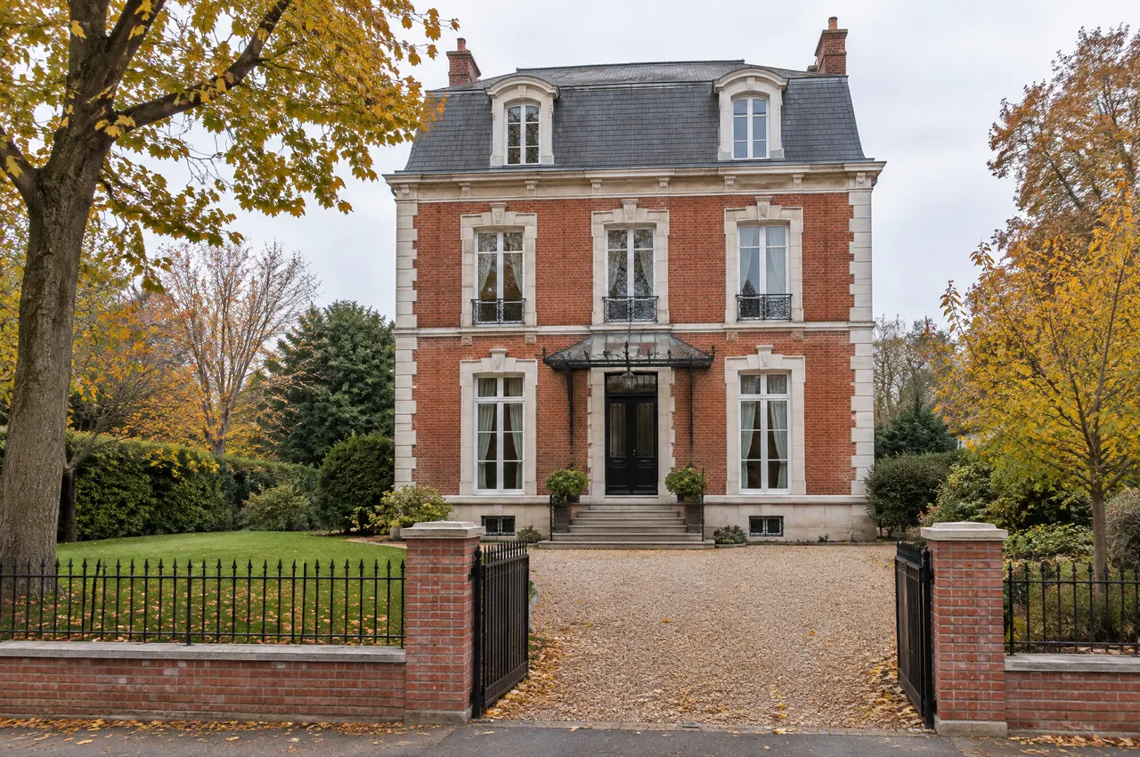 Grande maison bourgeoise de 1908 en brique rouge et pierre blanche, marquise en verre et fer forgé, allée de gravier et arbres