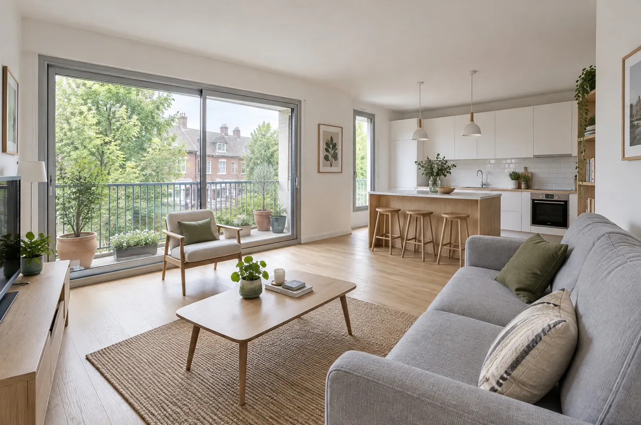Séjour rénové avec baie vitrée coulissante sur un balcon fleuri, parquet clair et cuisine ouverte avec îlot