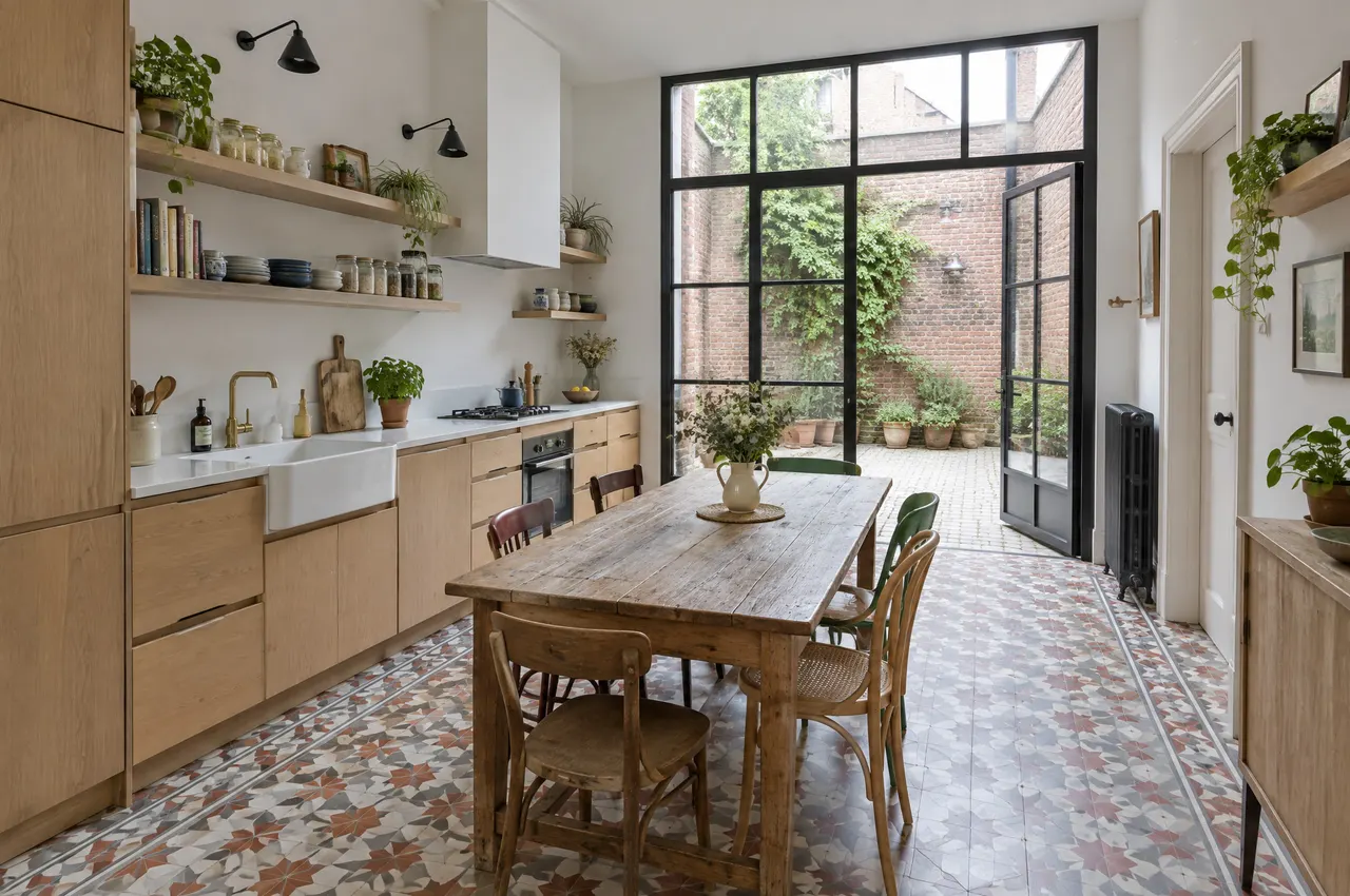 Cuisine en bois clair et carreaux de ciment, grande porte vitrée sur une courette aux murs de brique