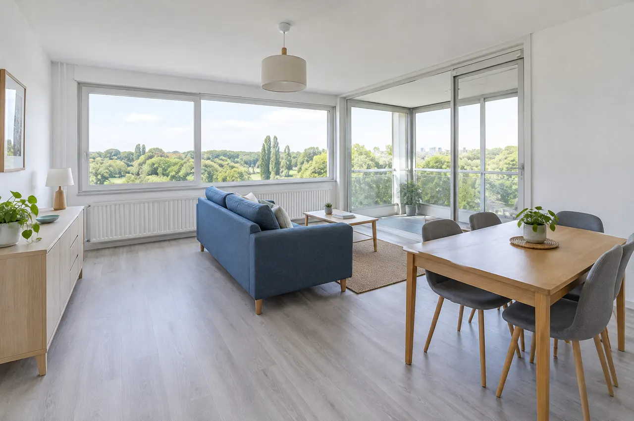 Séjour lumineux avec grande baie et loggia donnant sur les arbres d’un parc, sol clair et mobilier simple