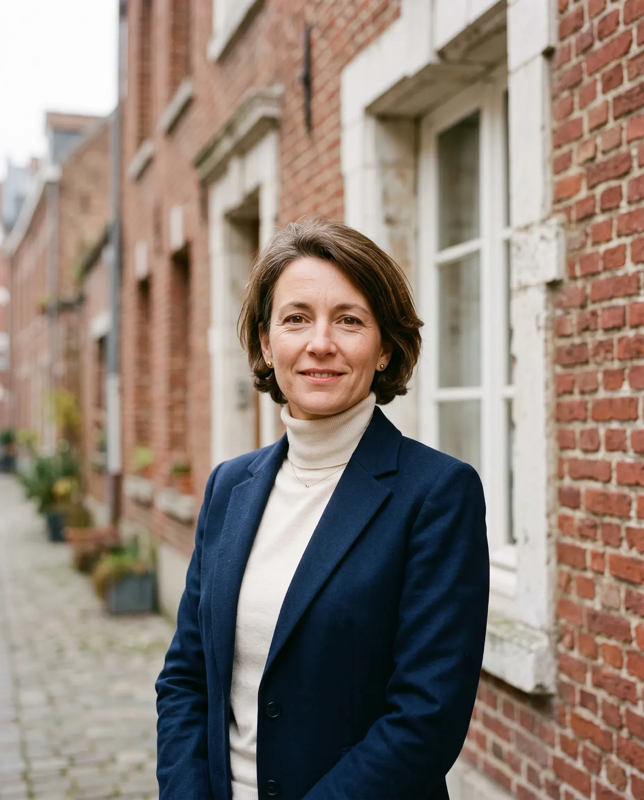 Portrait de Camille Vanhoutte, cheveux châtains courts, veste bleu marine, devant un mur de brique