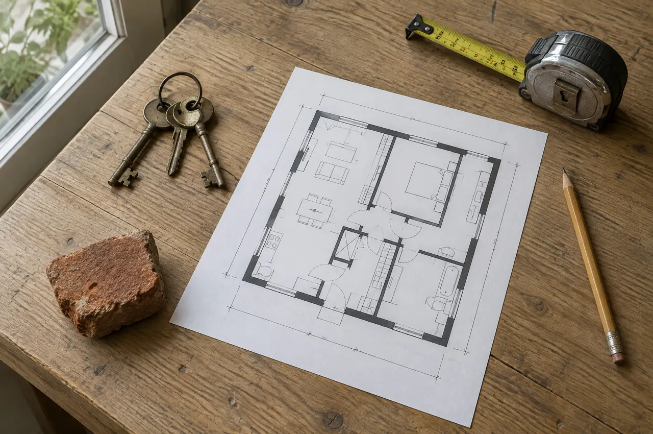 Plan d’appartement imprimé sur une table en chêne, trousseau de vieilles clés en laiton, mètre ruban, crayon et morceau de brique